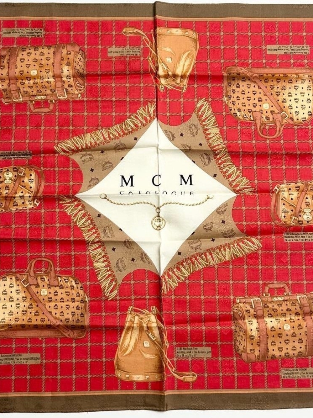 RARE VTG. MCM Red Plaid Scarf with Brown Luggage Motif